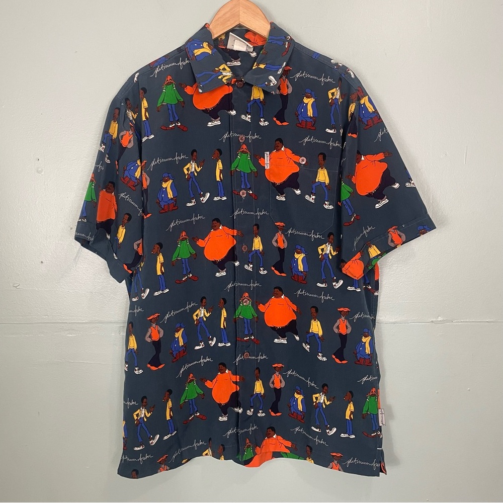 Vintage Platinum Fubu Fat Albert & Gang Button Down Shirt Men Sz Large‎ Gray